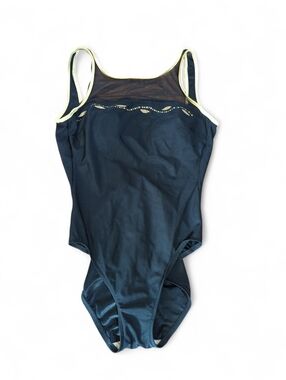Vtg Union Made Longitude Black One-Piece Swimsuit with Gold Trim Sz 12T